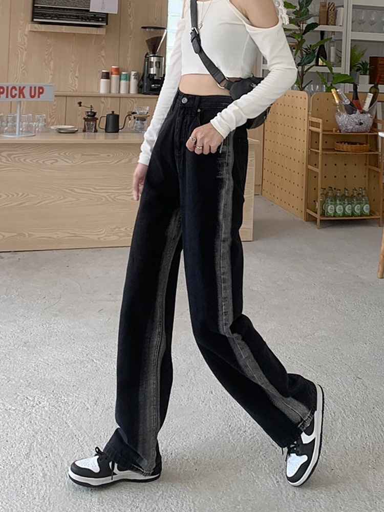 Black jeans for children, early autumn, niche design sense, drape, straight-leg loose long pants, high-waisted, slimming, wide-leg pants details Picture