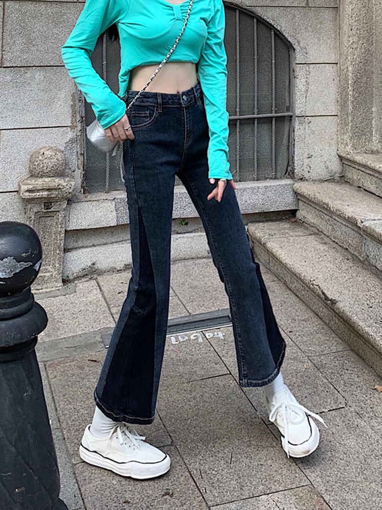 Women's summer thin denim pants 2022 new style, unique design, color-blocked high-waisted, slimming, slightly flared nine-inch pants details Picture