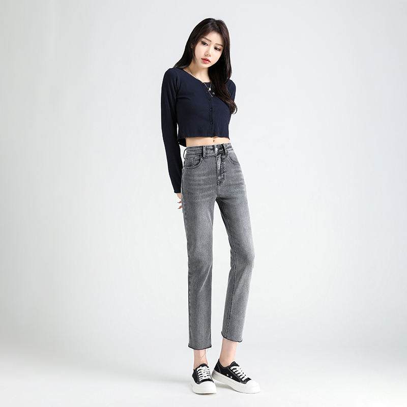 Smoke-gray straight-leg jeans for women, high-waisted 2022 summer new style, fringed nine-inch pants, slimming stretch cigarette tube pants details Picture