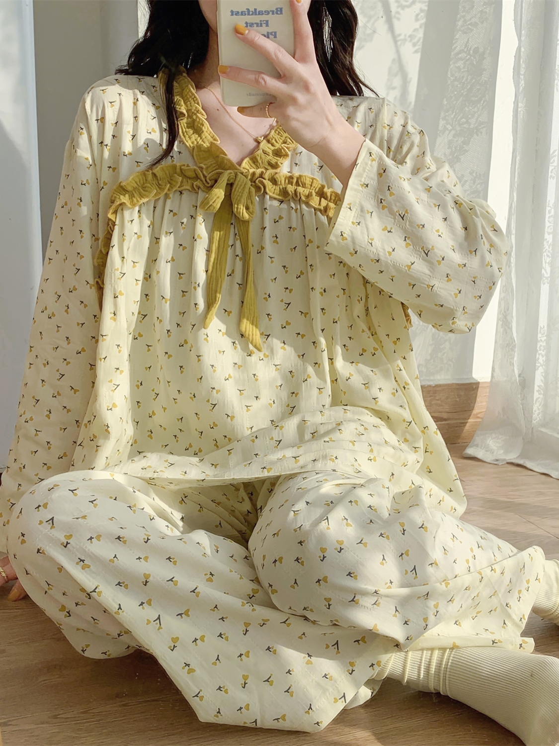 Slimming and plus-size postpartum clothing, thin pure cotton postpartum pajamas and breastfeeding clothes, breathable and sweat-absorbent cotton yarn, washed cotton details Picture