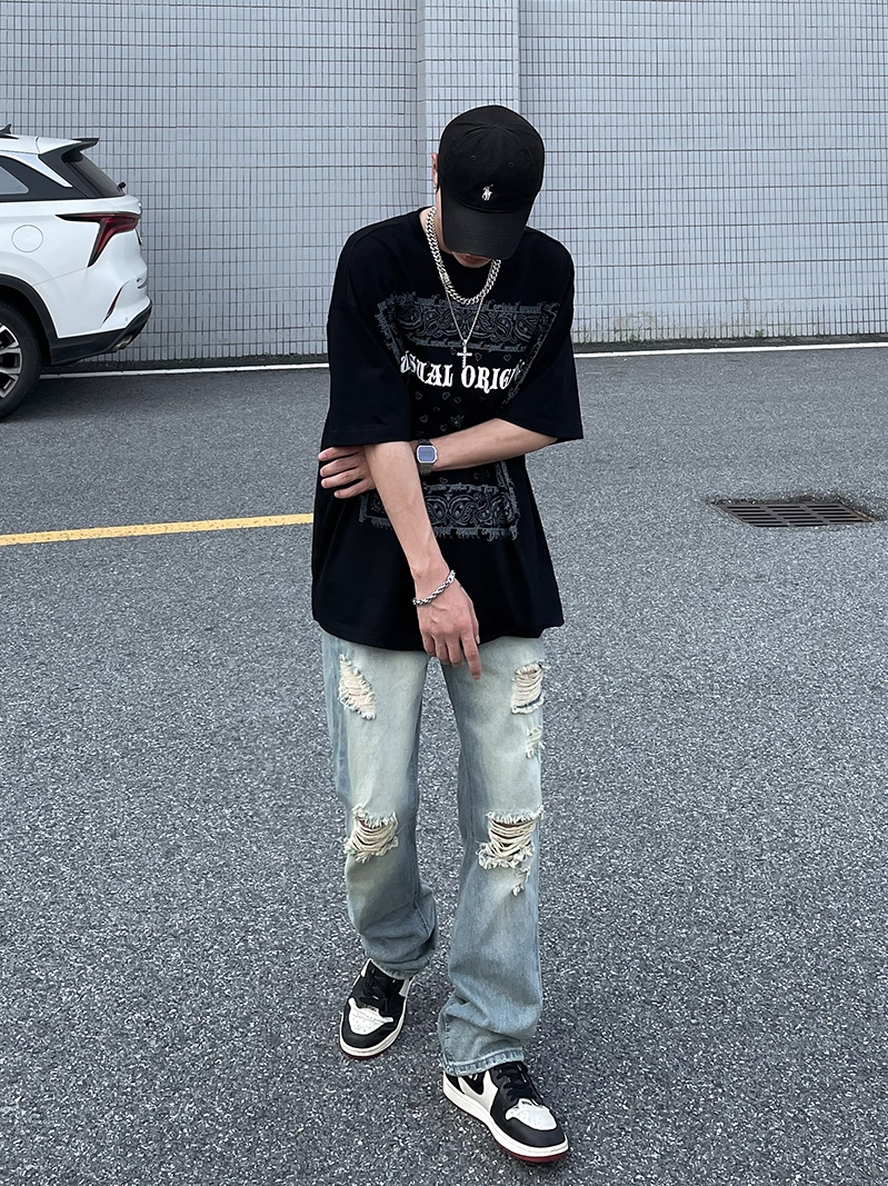 American high street washed, distressed and ripped jeans for men, ins, European and American trendy brand vibe loose straight-leg trousers Item Picture