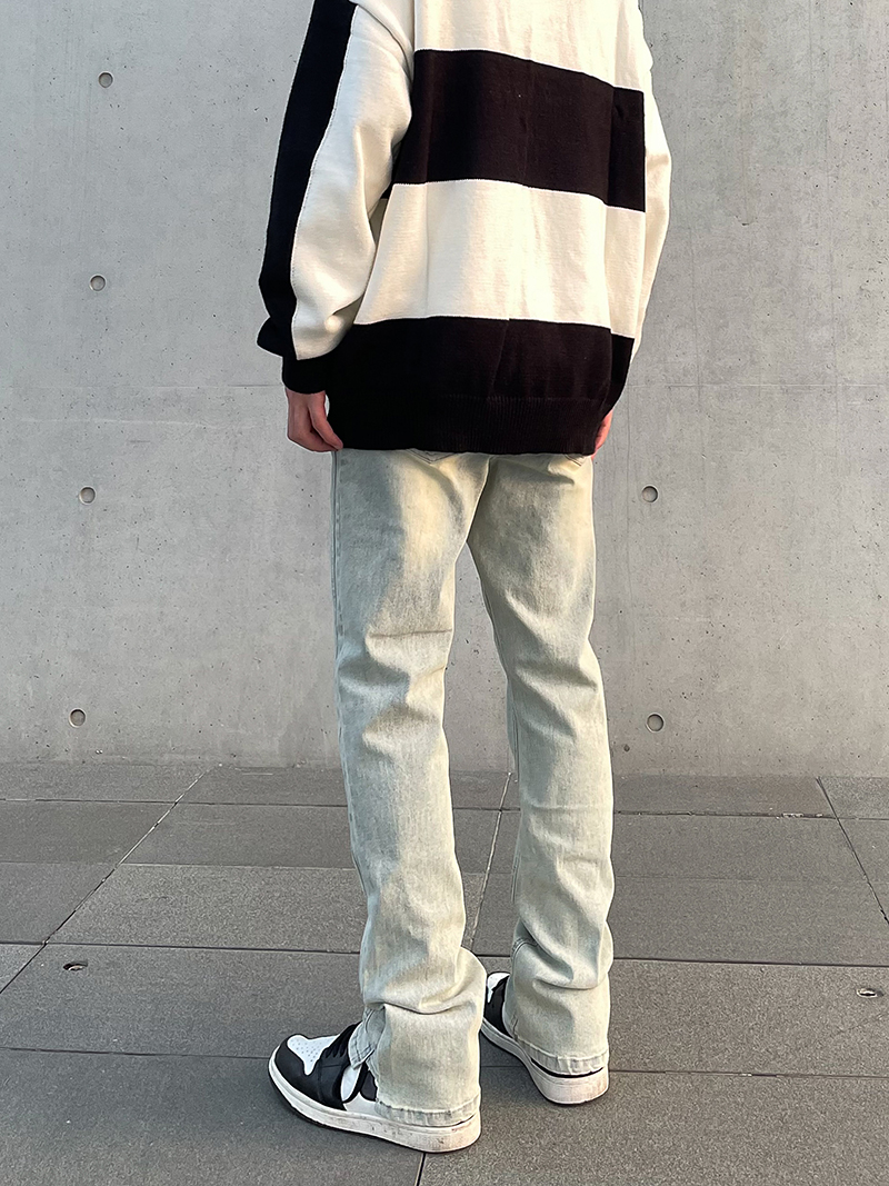 American high street yellow mud-dyed washed distressed jeans, men's ins trendy brand slimming straight-leg slightly flared flared slimming long pants details Picture