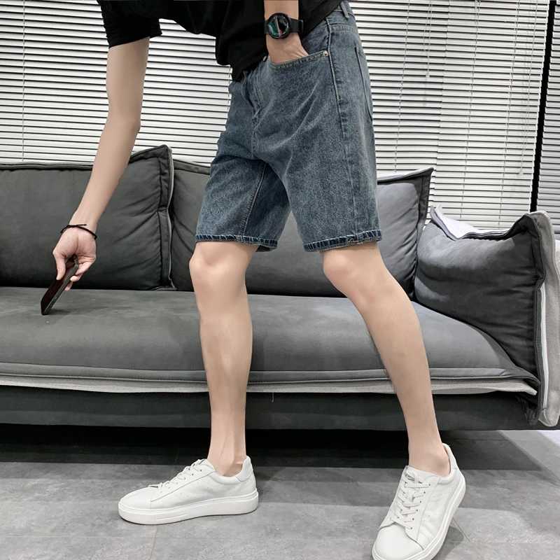 Men's summer thin Korean style trendy brand denim shorts, versatile slim straight-leg casual mid-length pants, men's stretch capri pants