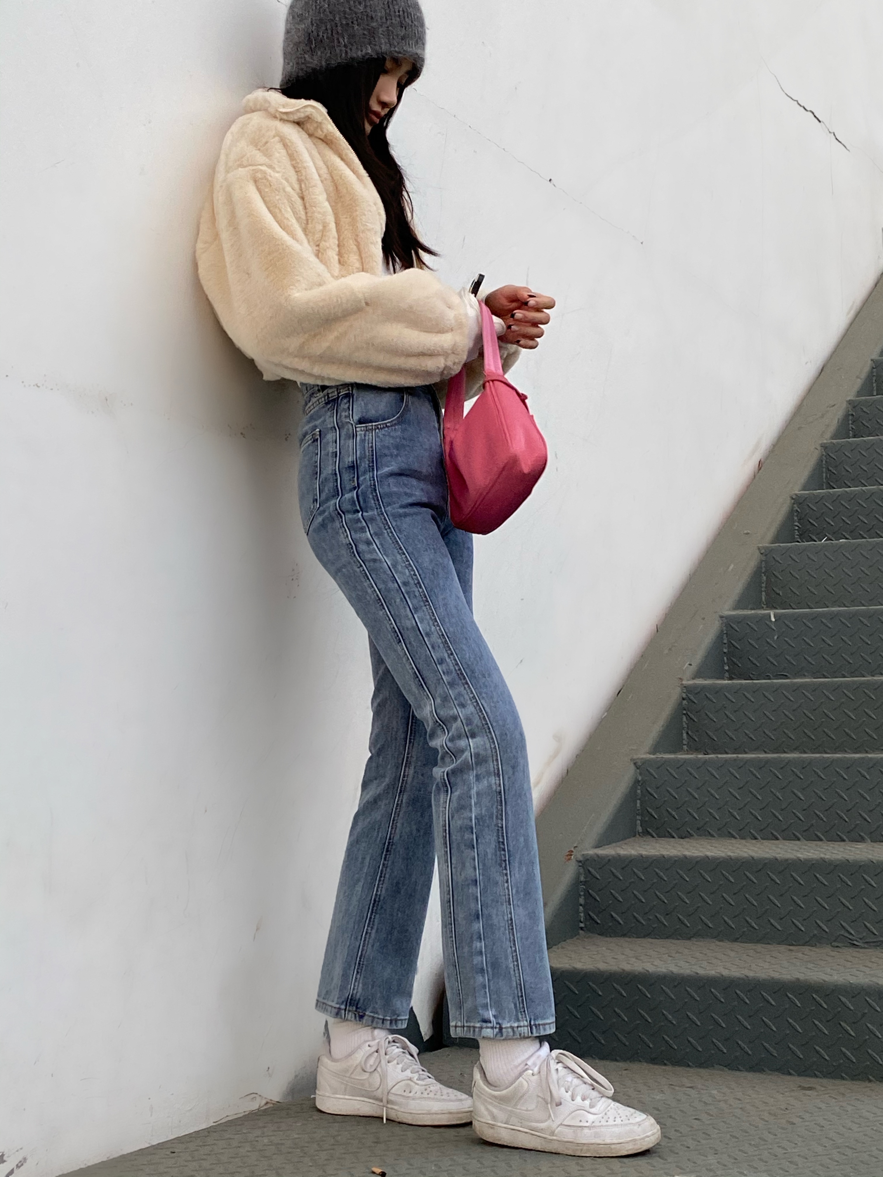 Side-bone compression high-waisted straight-leg pants, women's jeans, long pants, classic for hot girls, making them look taller and slimmer, washable trendy light colors Specification image