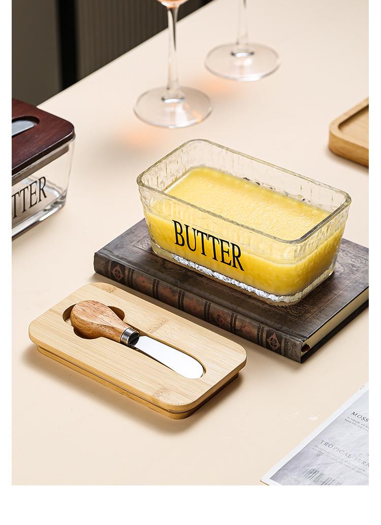 日本新款玻璃密封黄油盒带盖抹刀长方形家用奶酪保鲜罐家用奶酪盒详情3