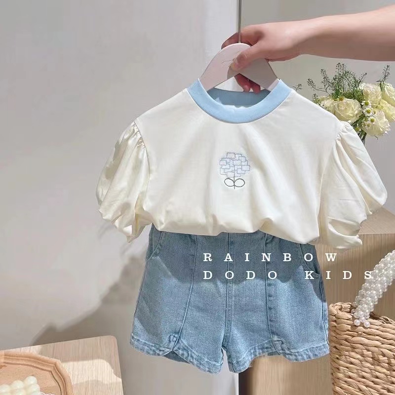 童装女童刺绣T恤2025夏季中小童韩版洋气百搭短袖上衣牛仔短裤潮详情1