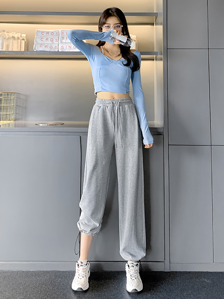 韩国灰色运动裤女夏季薄款宽松束脚休闲裤小个子阔腿长裤春秋卫裤