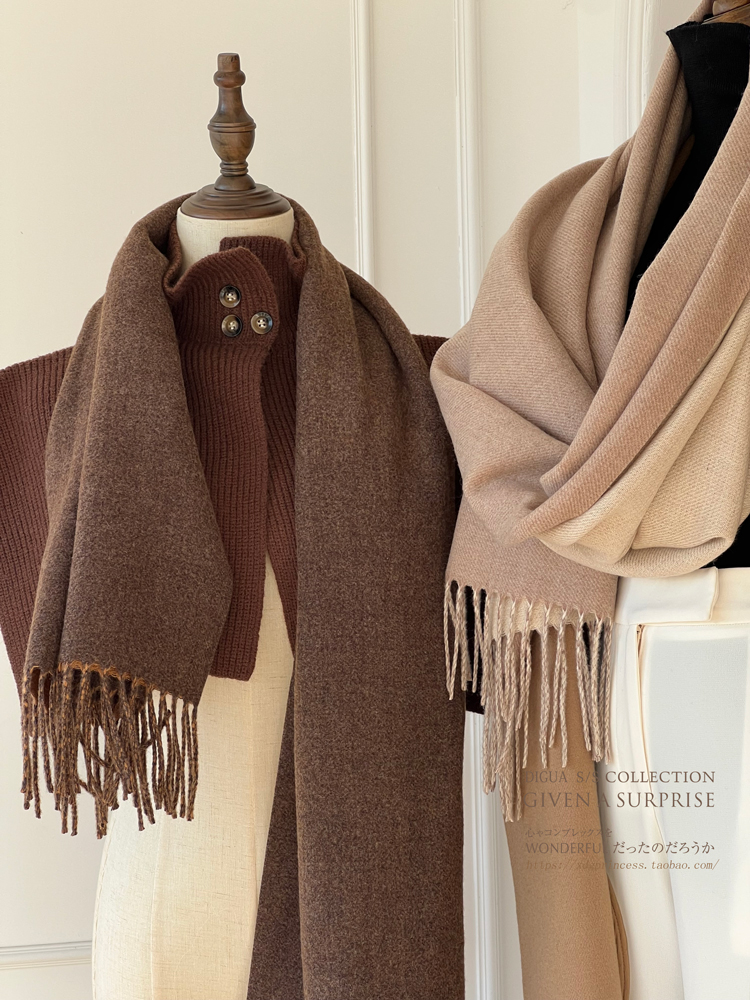 秋冬新款轻奢~大衣伴侣双面纯色围巾女欧美风仿羊绒保暖披肩围脖详情71