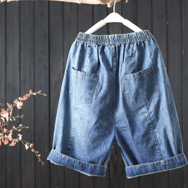 Summer 2022 new style stretched-waist solid color denim shorts, women's straight-leg loose capri pants, versatile women's mid-length pants details Picture