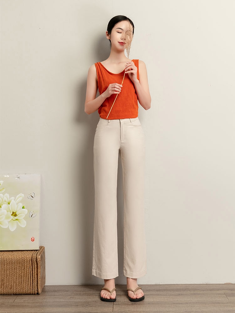 2022 Popular women's summer pants: Thin cotton and linen straight-leg pants, women's casual pants, loose and slimming, high-waisted nine-inch pants, long pants details Picture