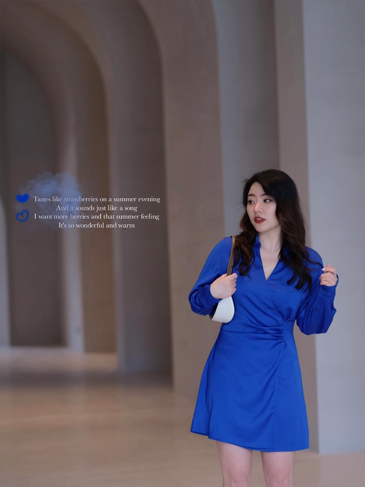 JML Ginger Wheat grain Klein Blue long-sleeved slimming and waist-cinching shirt dress autumn bag hip dress Light mature style feminine charm details Picture