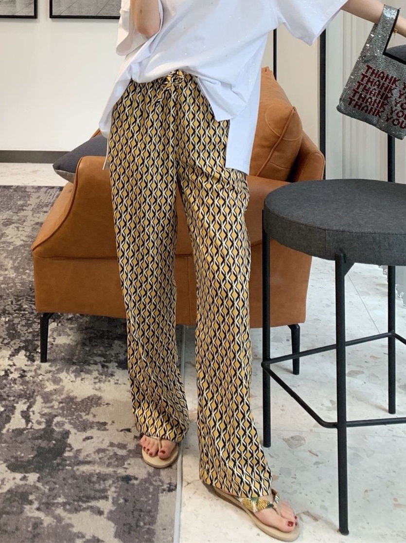 Wide-leg pants, women's high-waisted printed pants, summer ice silk straight leg, casual loose, slimming, floor-length beach pants, thin style