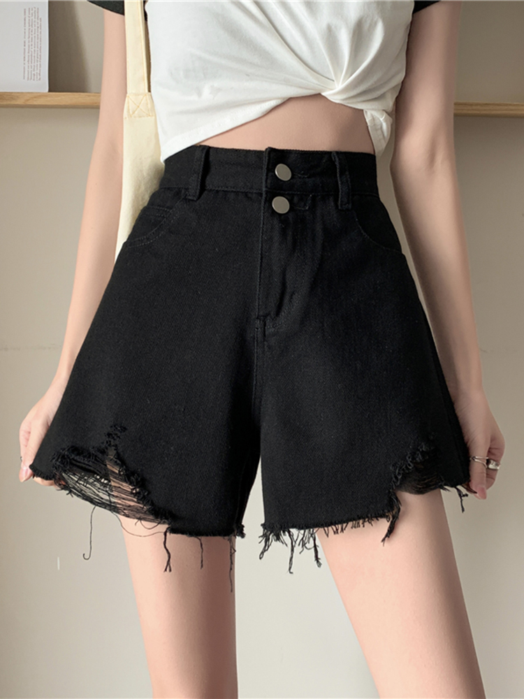 Ripped denim shorts for women's summer, thin high-waisted, niche design sense hot pants, ins high street trend A-line wide-leg pants Application Scenario