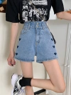 Heart-shaped embroidered denim shorts for women, summer thin, sweet and spicy A-line hot pants, high-waisted and slimming straight-leg wide-leg pants Specification image