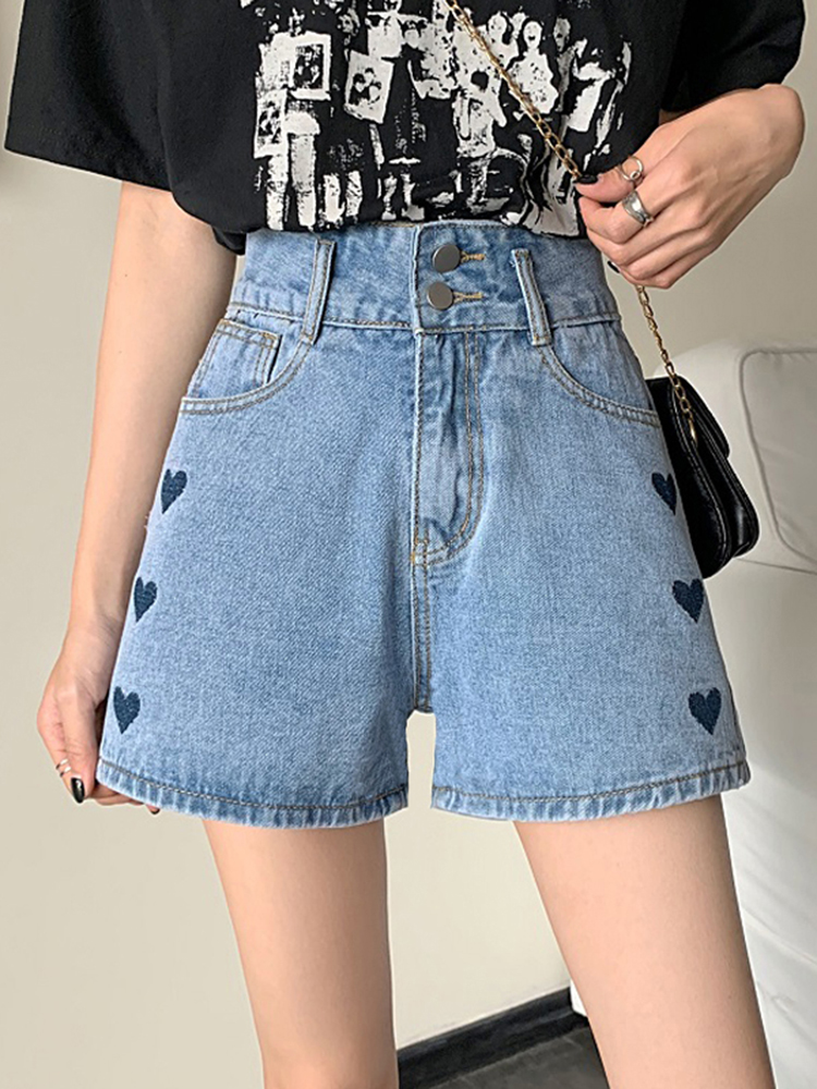 Heart-shaped embroidered denim shorts for women, summer thin, sweet and spicy A-line hot pants, high-waisted and slimming straight-leg wide-leg pants Application Scenario
