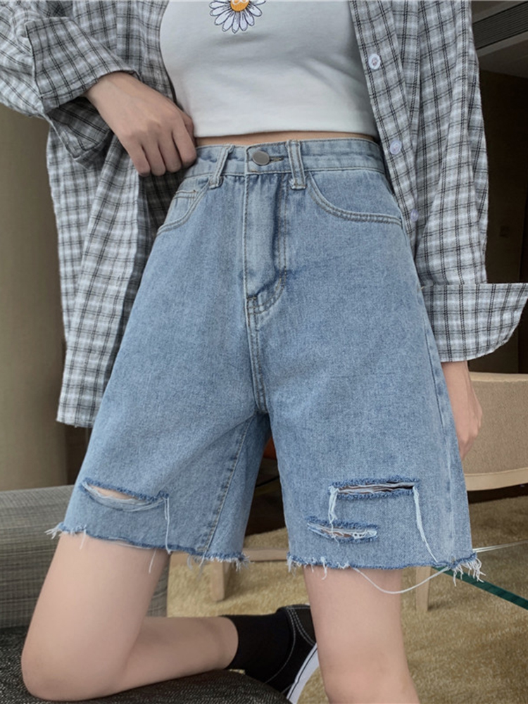 破洞牛仔五分裤子女夏季薄款小个子宽松直筒中裤ins高腰阔腿短裤