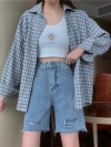 Ripped denim capri pants for women's summer, thin, petite loose straight-leg mid-length pants, ins high-waisted wide-leg shorts details Picture