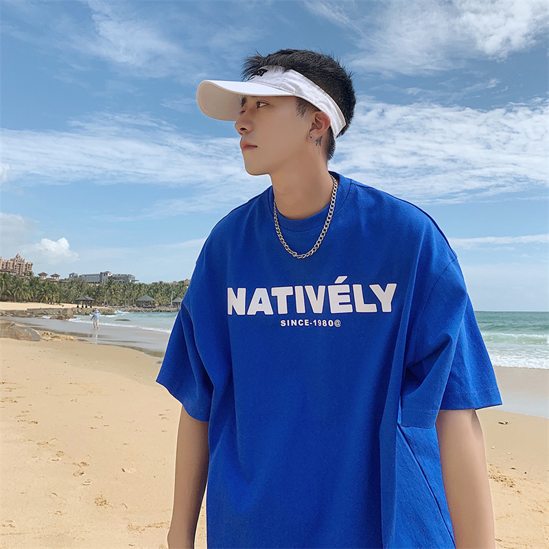 Men's short-sleeved T-shirt, summer oversized trendy and versatile clothing, ins high street streetwear brand American loose half-sleeve details Picture