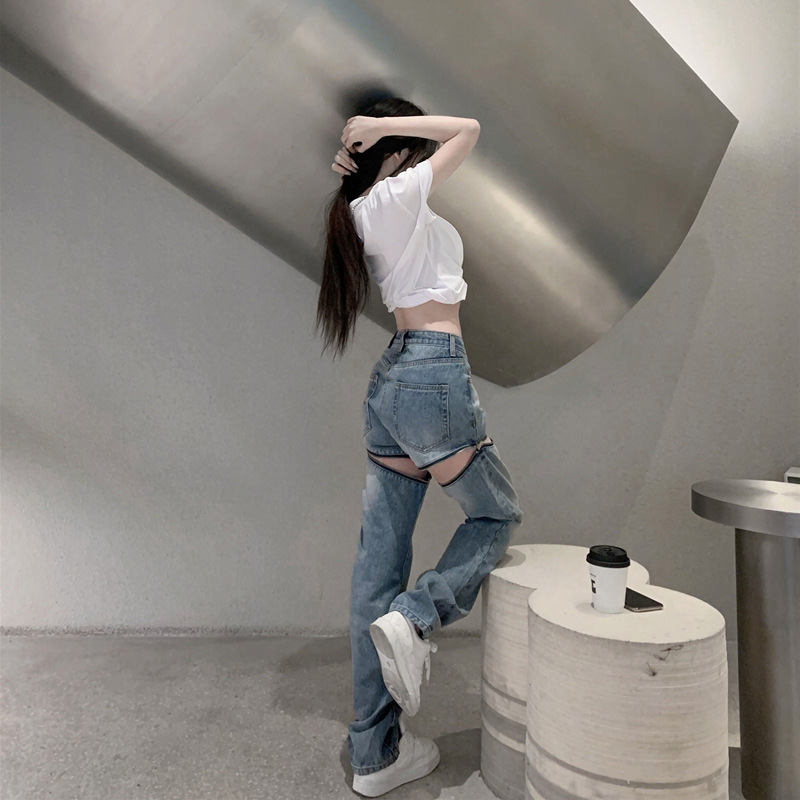 Detachable zipper jeans for women's summer, new straight-leg high-waisted denim shorts, personalized design, two-piece women's pants