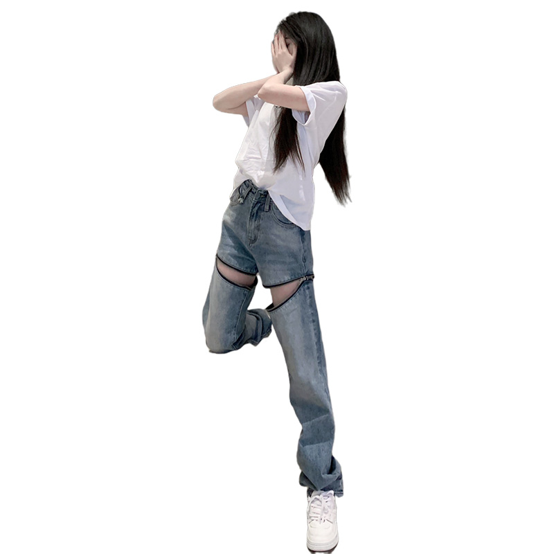 Detachable zipper jeans for women's summer, new straight-leg high-waisted denim shorts, personalized design, two-piece women's pants Item Picture