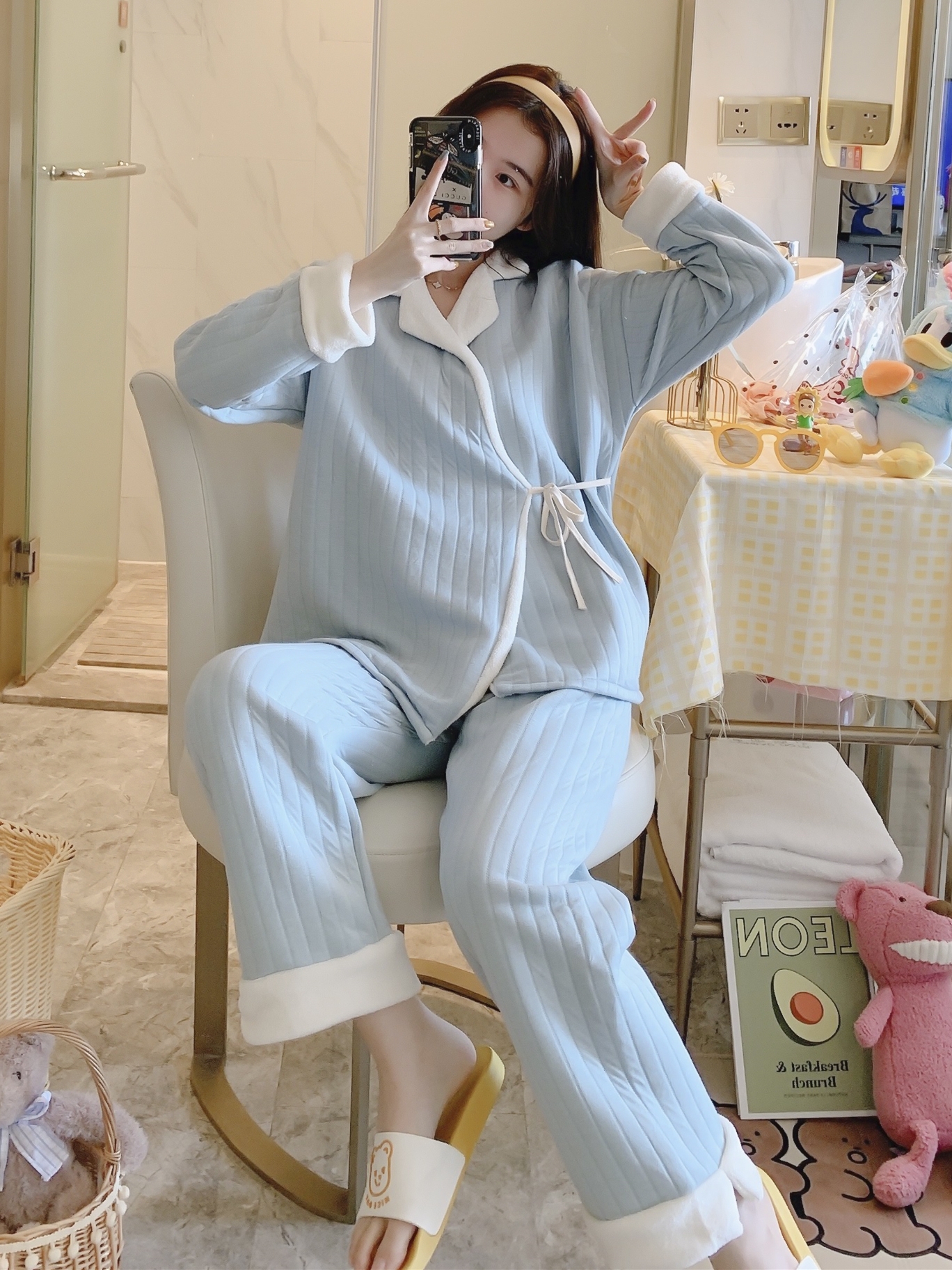 Spring and autumn pure cotton postpartum cotton pajamas for pregnant women, autumn and winter long-sleeved, October 11 warm breastfeeding sets Specification image
