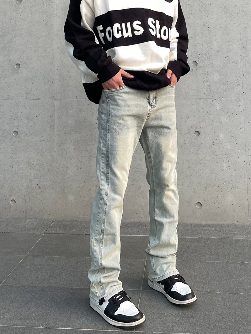 American high street yellow mud-dyed washed distressed jeans, men's ins trendy brand slimming straight-leg slightly flared flared slimming long pants Application Scenario