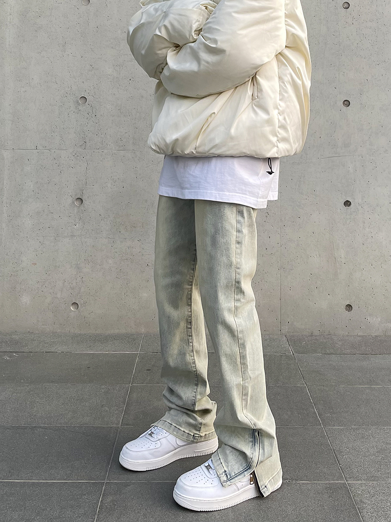 American high street vibe retro washed and aged yellow mud-dyed zipper split jeans, men's straight-leg slightly flared long pants Specification image