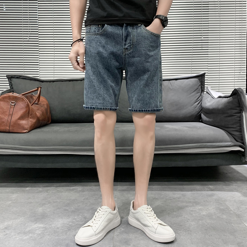 Men's summer thin Korean style trendy brand denim shorts, versatile slim straight-leg casual mid-length pants, men's stretch capri pants details Picture