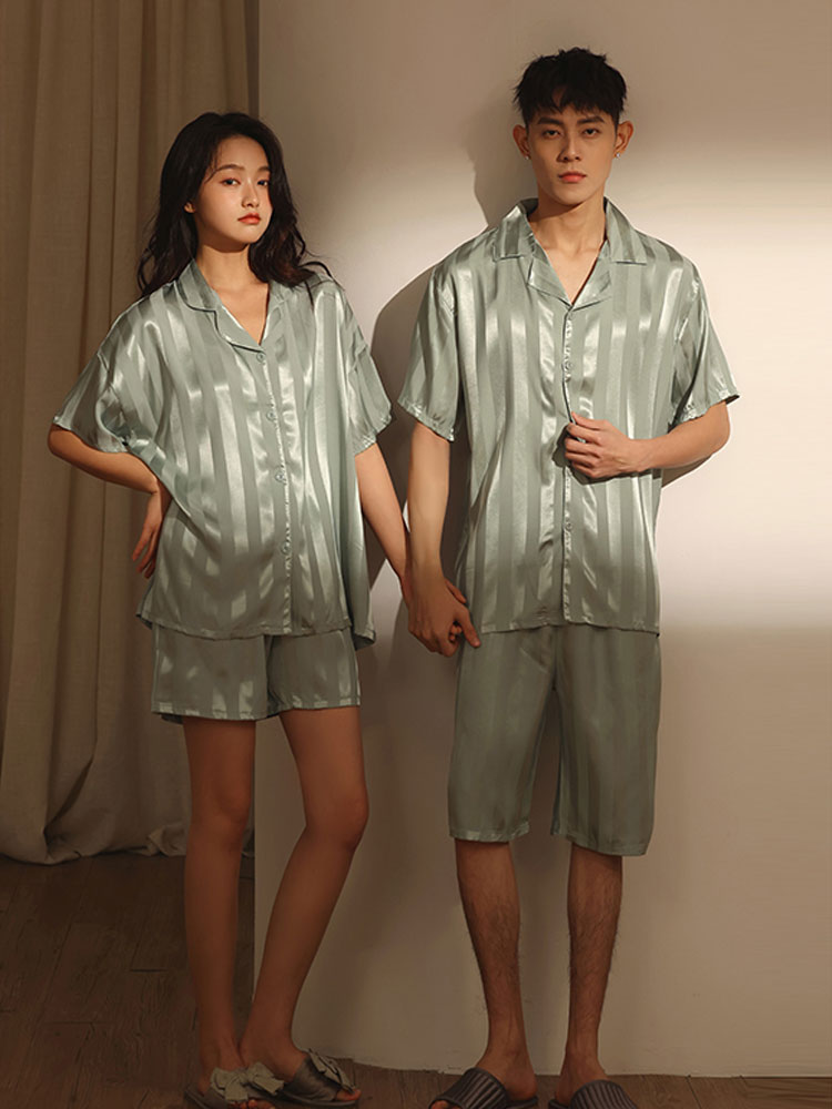 2022 New couple pajamas for men and women, thin short-sleeved striped ice silk satin high-end home wear set details Picture