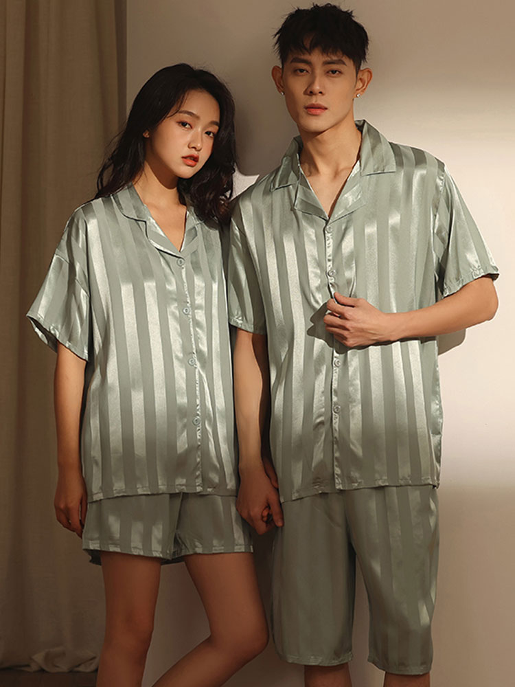 2022 New couple pajamas for men and women, thin short-sleeved striped ice silk satin high-end home wear set Specification image