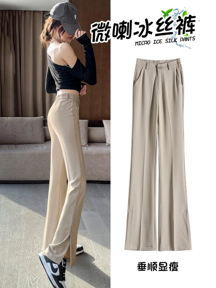 Extended slit slightly flared suit pants for women, high waist, drape, new thin, slimming, ice silk straight wide-leg pants for summer