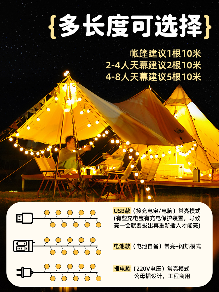 Outdoor camping atmosphere lights, string lights, waterproof led large round balls, colorful lights, sky curtains, tent decorations, night market stall arrangements Item Picture