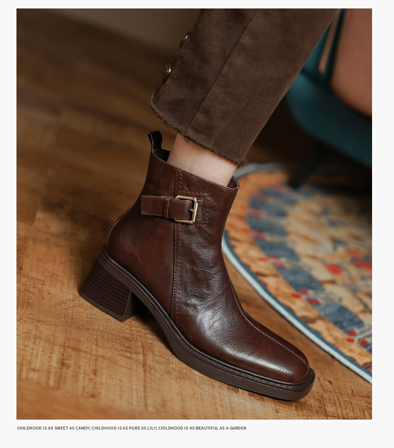 2024秋冬季新款复古中跟粗跟皮带扣短靴女气质侧拉链英伦风马丁靴详情5