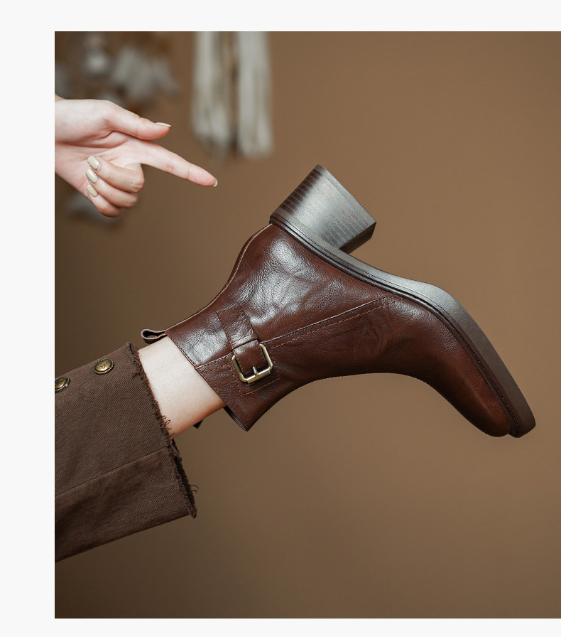 2024秋冬季新款复古中跟粗跟皮带扣短靴女气质侧拉链英伦风马丁靴详情6