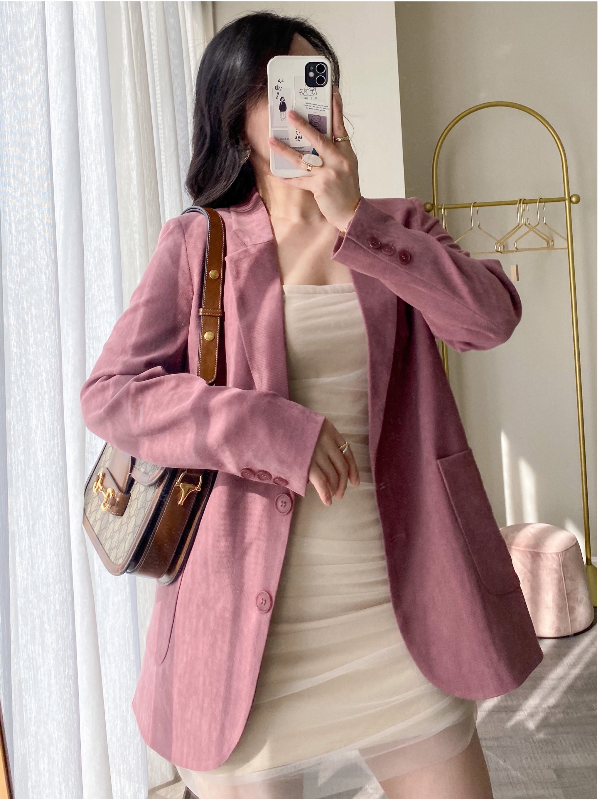 JML Ginger Wheat Grain 2022 Autumn New Dry rose dirty Pink Niche mid-length Suit Long-sleeved jacket for women Application Scenario