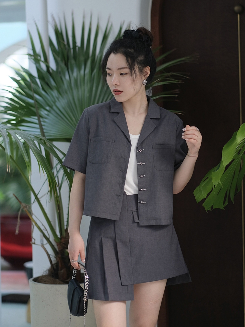 JML Ginger grain grey short-sleeved small suit set, asymmetrical culopants for commuting, single-breasted solid color, summer loose