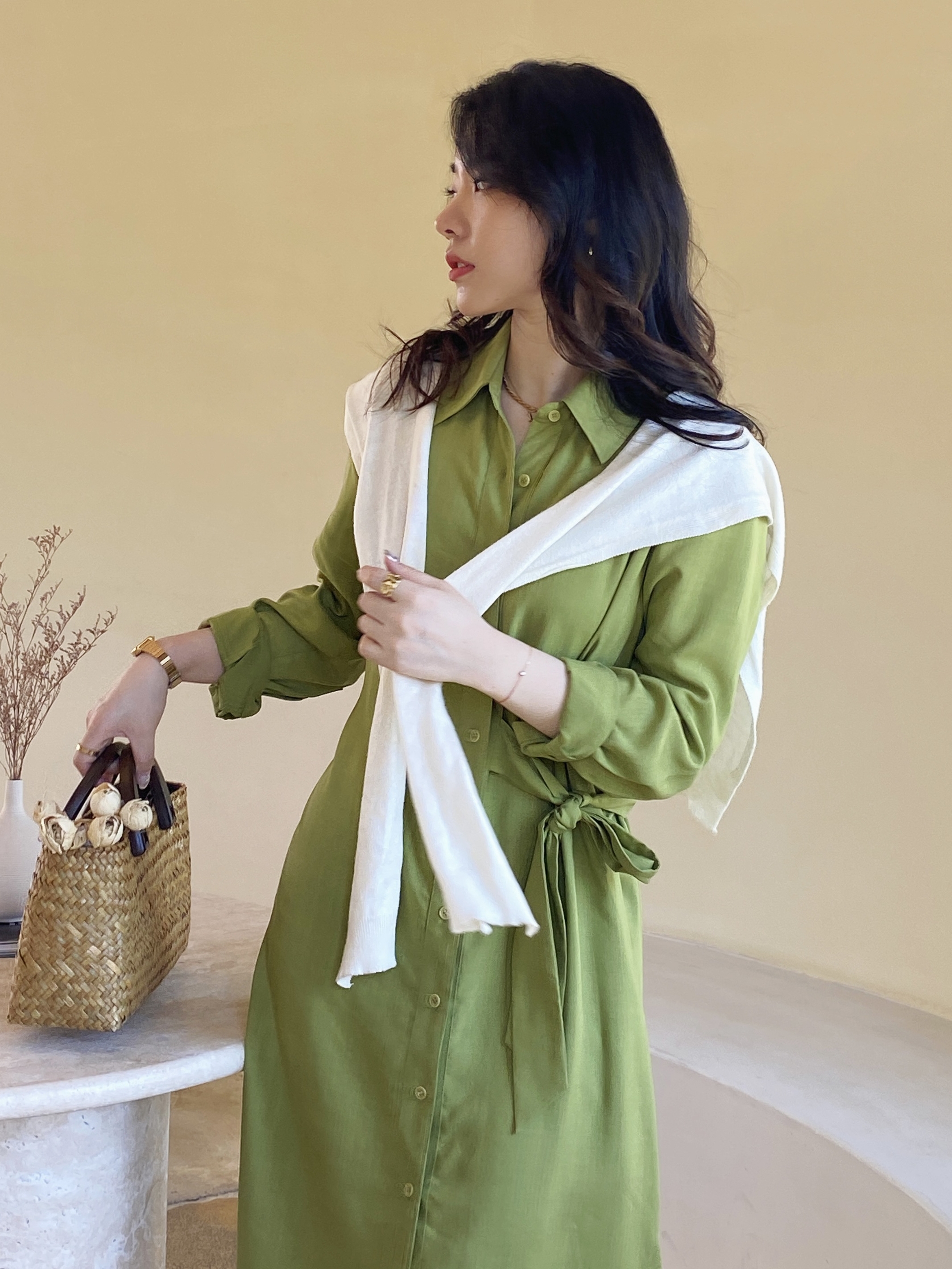 JML Ginger wheat grain French high-end style green temperament lace-up waist mid-length Tencel long-sleeved shirt dress