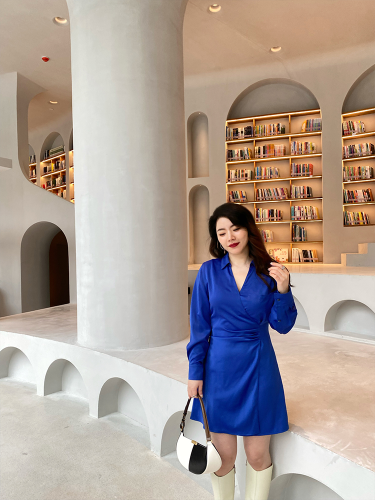 JML Ginger Wheat grain Klein Blue long-sleeved slimming and waist-cinching shirt dress autumn bag hip dress Light mature style feminine charm Item Picture