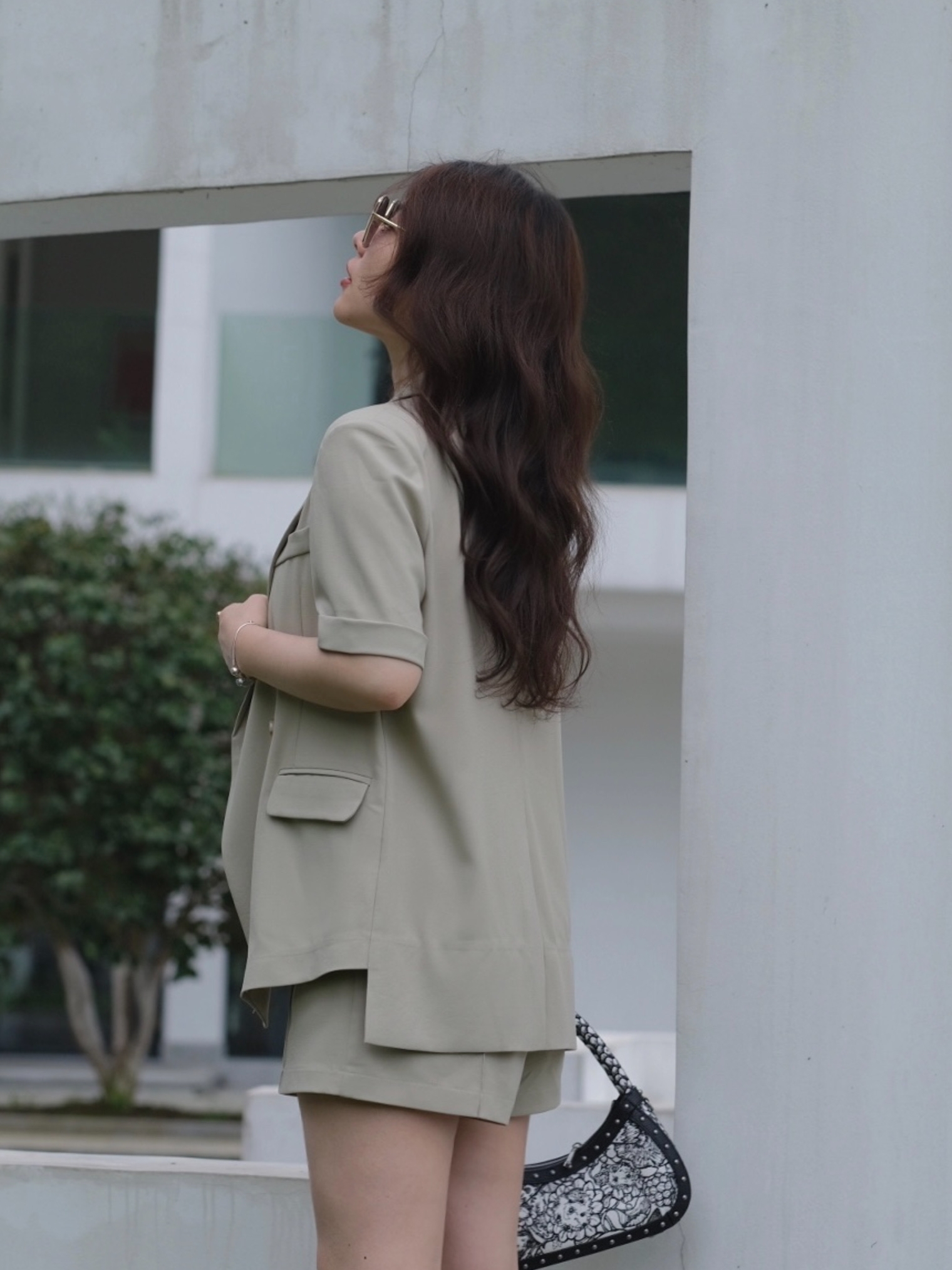 JML Ginger grain grey and dark green summer short-sleeved suit set, elegant and fair, Morandi green casual shorts Item Picture