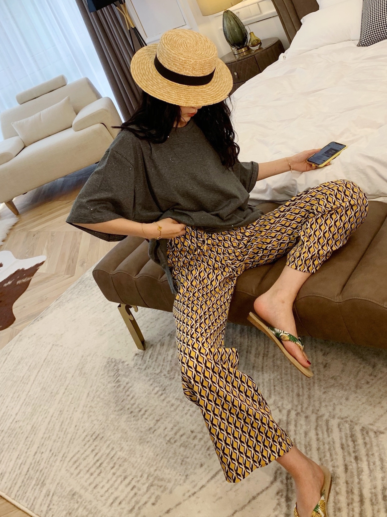 Wide-leg pants, women's high-waisted printed pants, summer ice silk straight leg, casual loose, slimming, floor-length beach pants, thin style Specification image