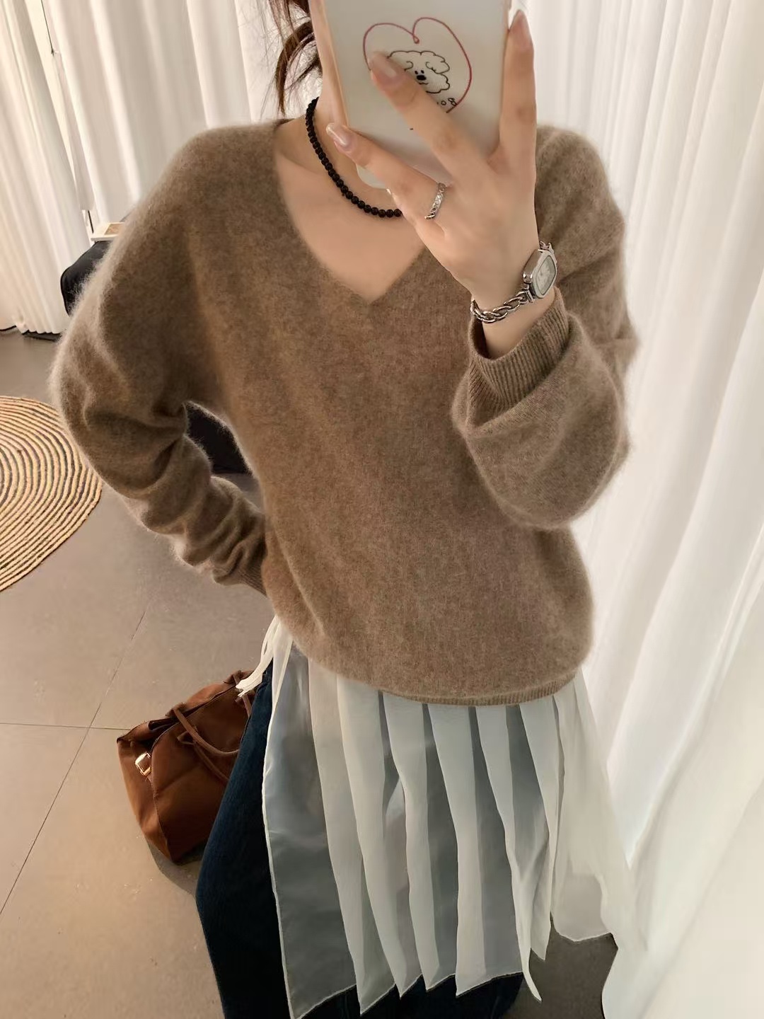 羊绒拉毛韩系温柔风时尚宽松显瘦V领套头亲肤软糯针织衫毛衣上衣详情8