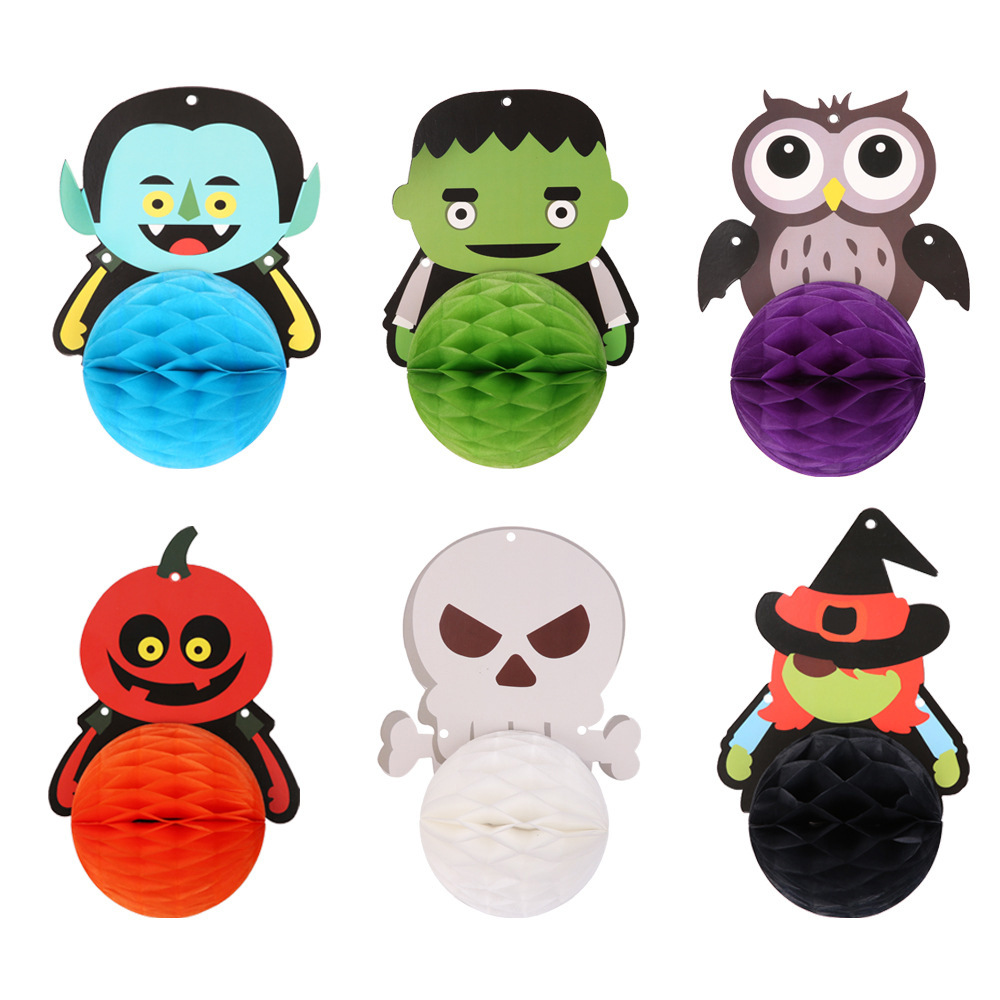 Cross-border Halloween hotel shopping mall KTV background wall atmosphere decorated pumpkin people owl honeycomb ball paper pull flag Specification drawing