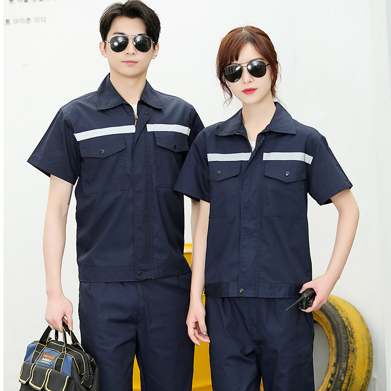 New summer reflective labor protection clothing sets for men and women, factory workshop machine repair factory uniforms, customized wholesale short-sleeved work clothes Specification image