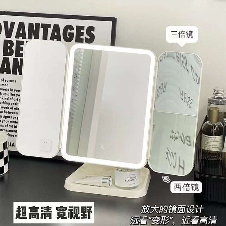 Foldable shell makeup and beauty mirror, table-style home desktop, led light strip, intelligent supplementary lighting, dressing mirror, touch control to open Application Scenario