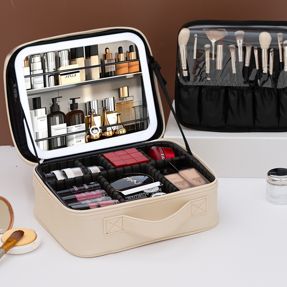 全跨境现货LED大镜子旅行收纳盒化妆包便携手提带灯化妆箱收纳箱