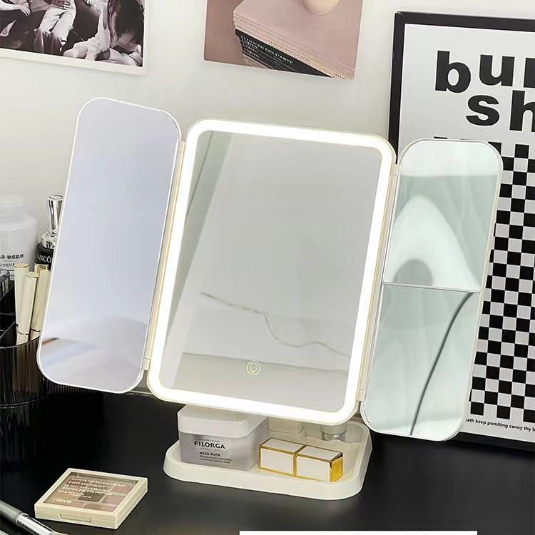Foldable shell makeup and beauty mirror, table-style home desktop, led light strip, intelligent supplementary lighting, dressing mirror, touch control to open Specification image