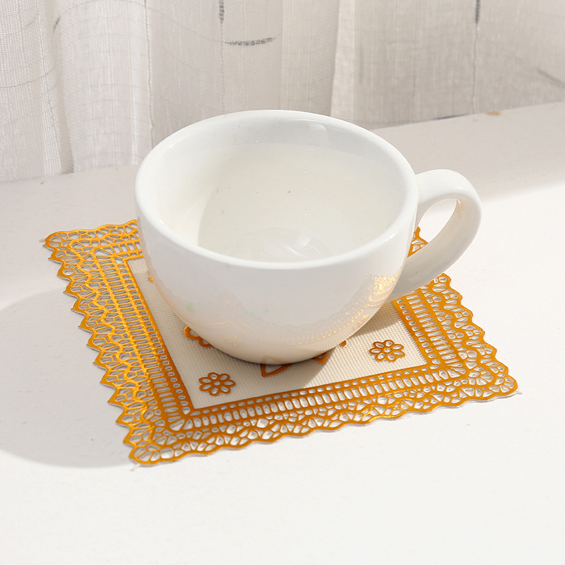 Cross-border European-style square pvc coasters, hollowed-out heat insulation pads, coffee table waterproof and anti-slip pads, gold-embossed rose placemats