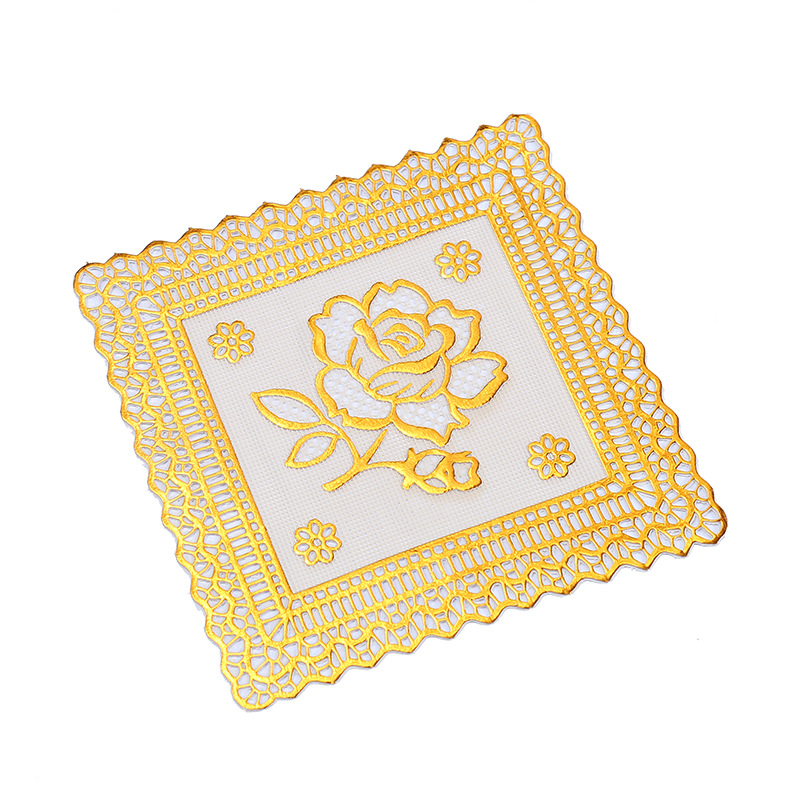 Cross-border European-style square pvc coasters, hollowed-out heat insulation pads, coffee table waterproof and anti-slip pads, gold-embossed rose placemats Application Scenario