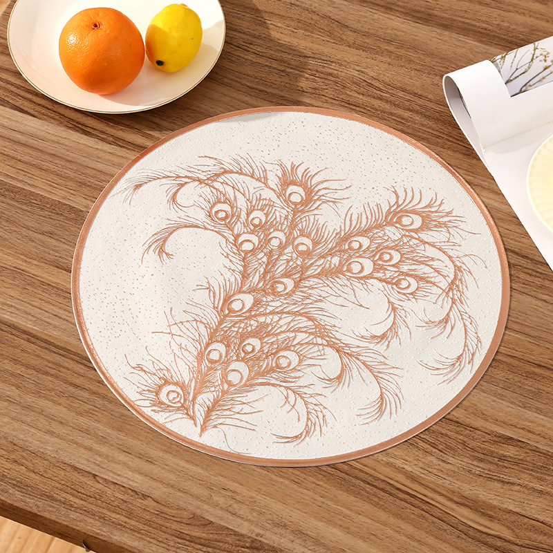 法式圆形PVC餐垫创意孔雀羽毛高级感西餐隔热垫轻奢餐厅隔热垫