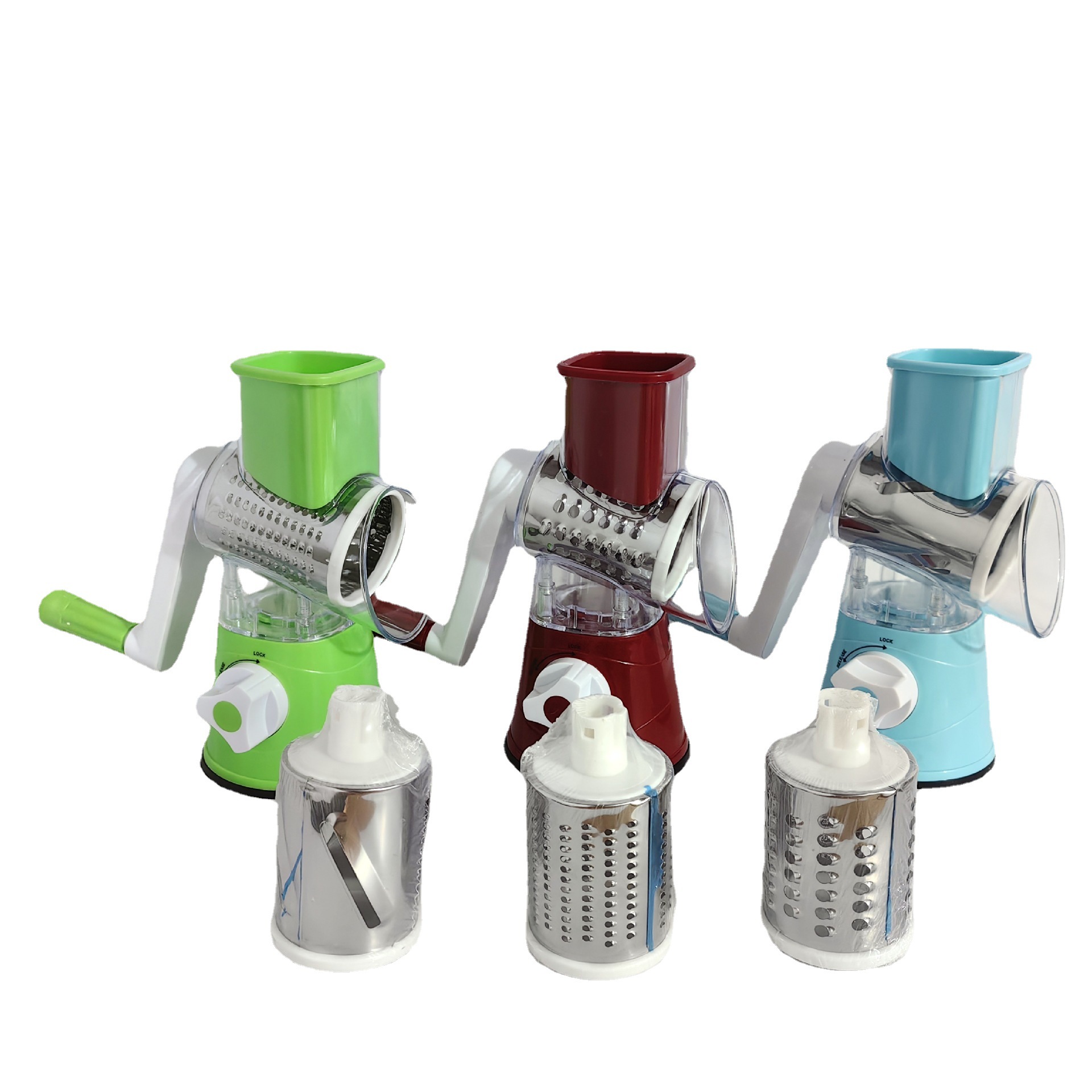 Cross-border multi-functional vegetable cutter, three-in-one kitchen hand-cranked drum vegetable cutter, grater, onion shred and slicing magic tool Application Scenario